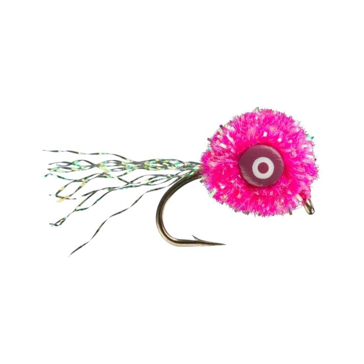 A size 6 Rio Lead Eye Egg fly that is bright pink.