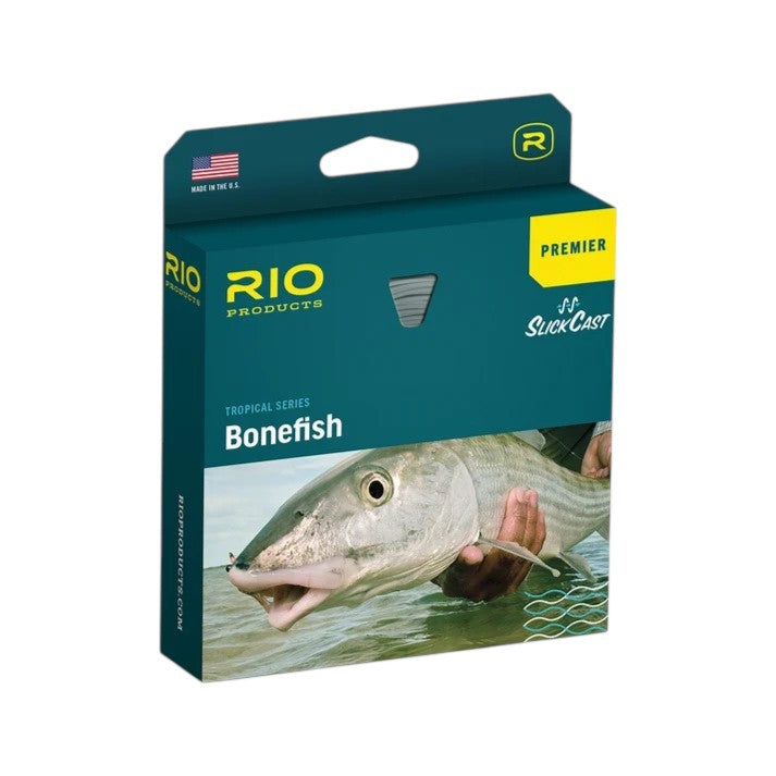 A box of Rio WF8F Premier Bonefish Fly Line that is beige and blue.