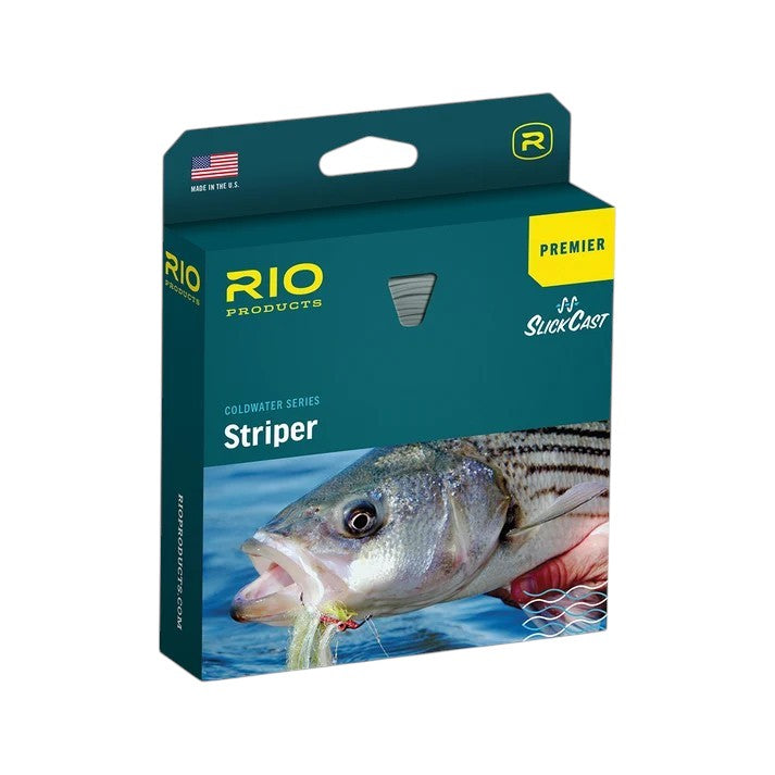 A box of Rio WF8F Premier Striper Fly Line that is blue and yellow.