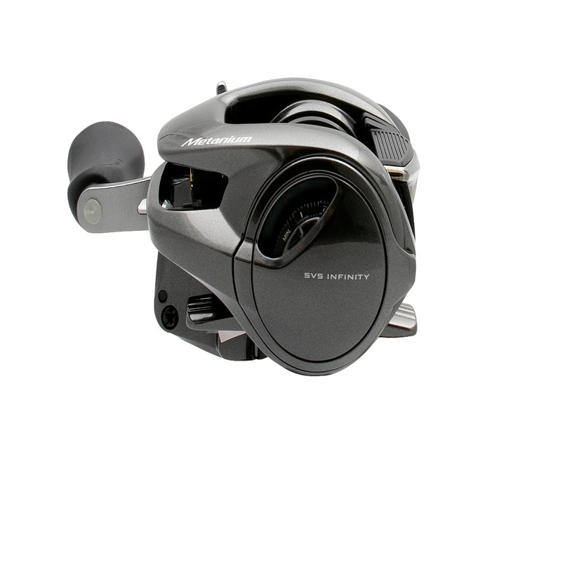 The left side of a Shimano METMGL150B Metanium MGL B Baitcasting Reel.