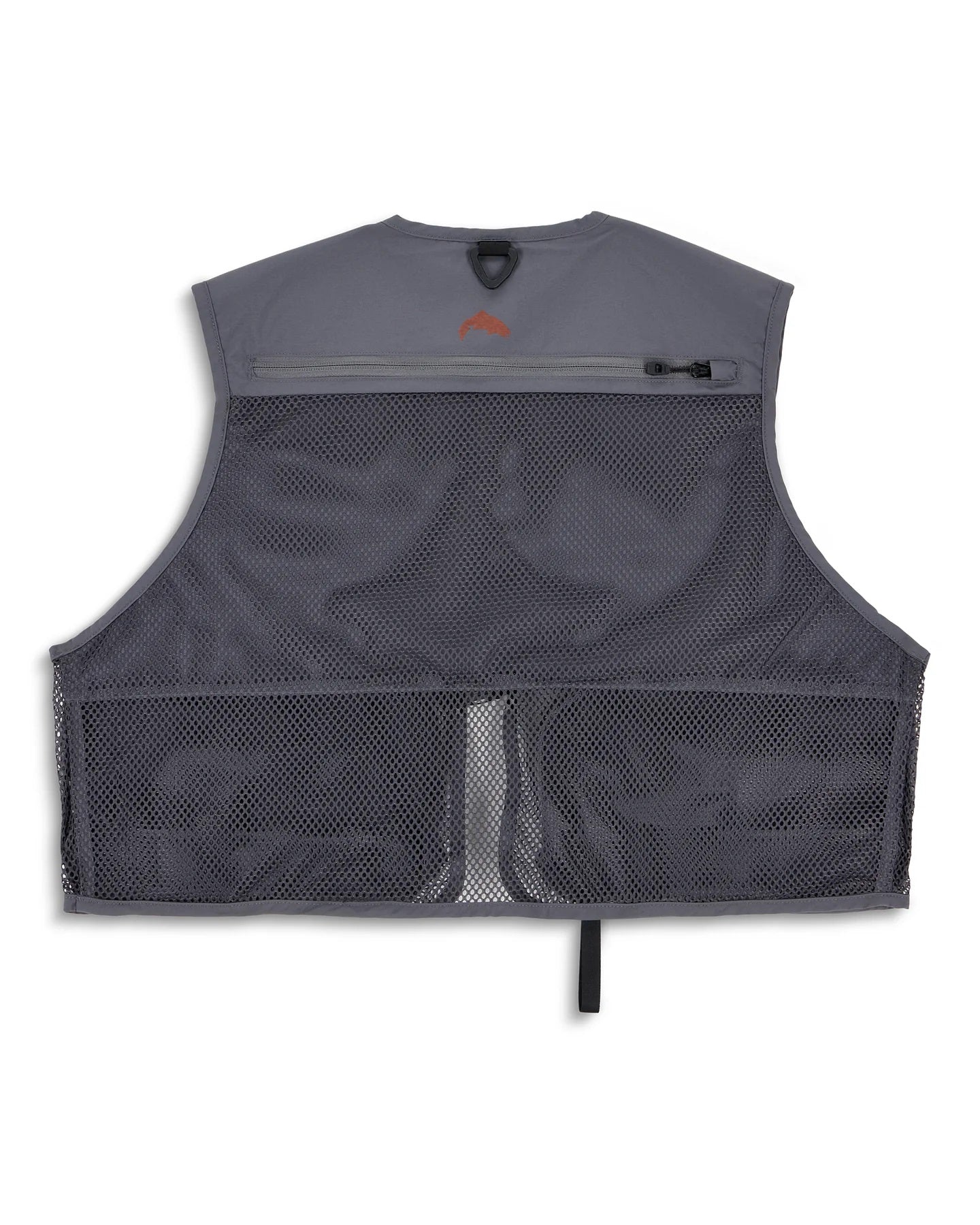 The back of a gray Simms Tributary Fishing Vest.