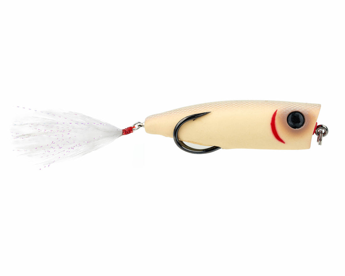 A white Snag Proof Zoo Pop XL Topwater Popper fishing lure.