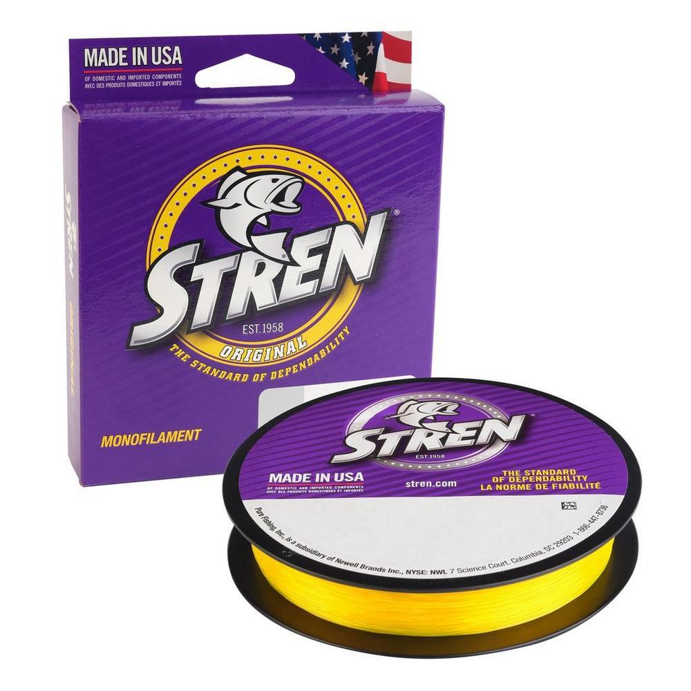 A 330 yard spool of 8 lb. Stren Original Monofilament Line in hi-vis gold.