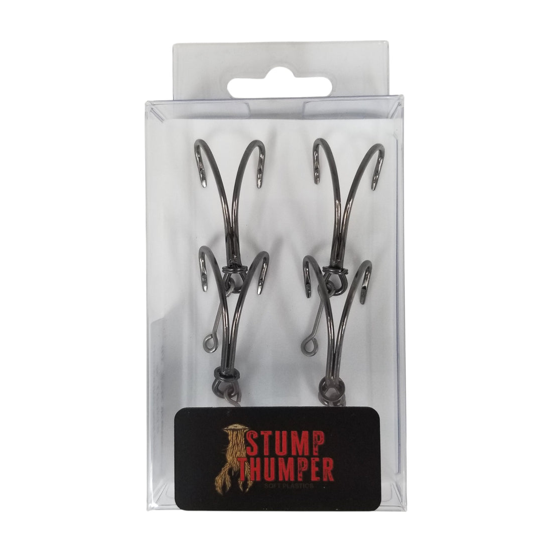 A pack of four Stump Thumper Soft Plastics 3/0 Double Frog Hooks.