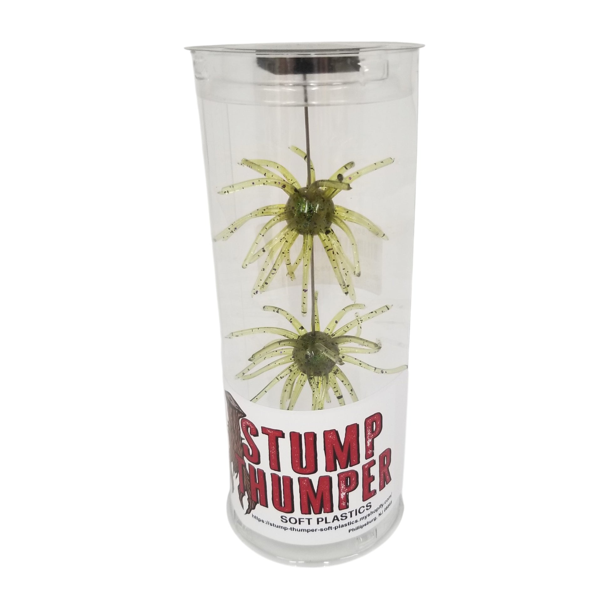 A pack of 2 16 millimeter Stump Thumper Soft Plastics Mace Fuzzy Ball Baits that are green with black flakes.