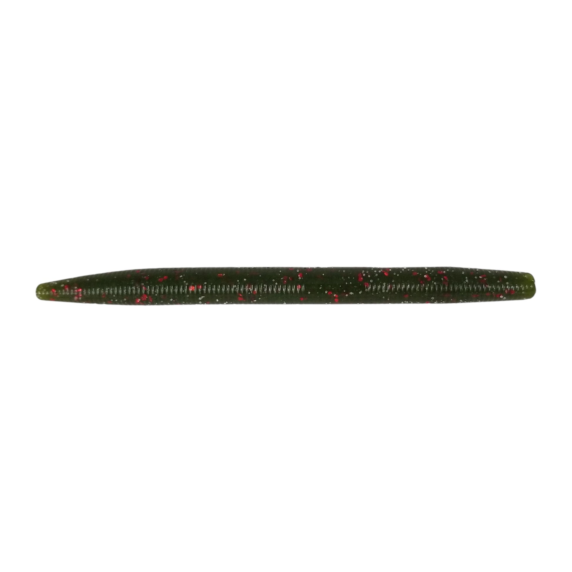 A 5 inch Stump Thumper Soft Plastics Thumper Stick Worm that is green with red flakes.