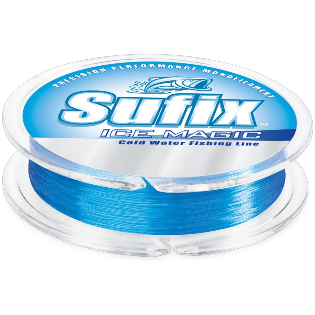 A 300 yard spool of 2 pound test Sufix Ice Magic Monofilament Line in glacier blue.