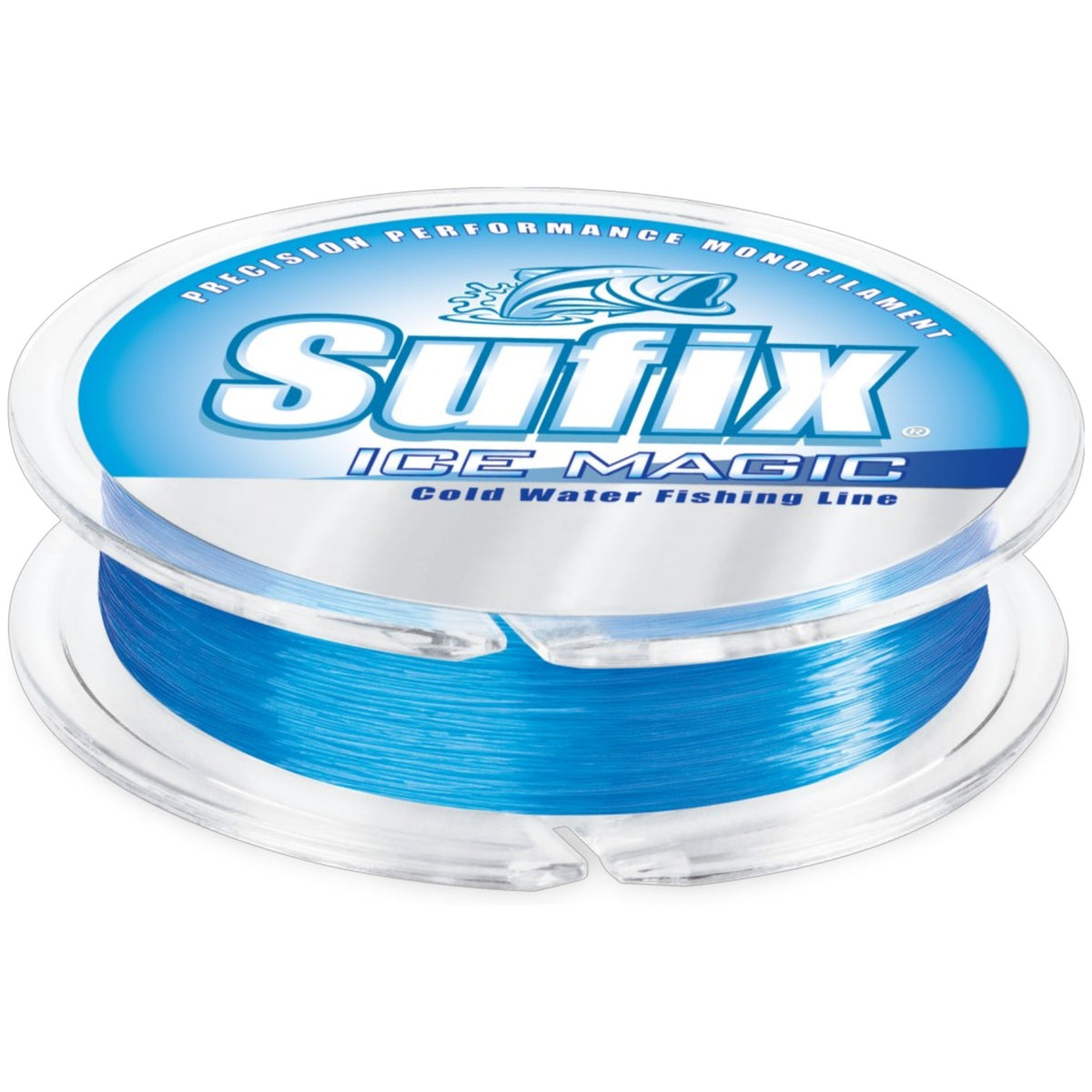 A 300 yard spool of 6 pound Sufix Ice Magic Monofilament Line in glacier blue.