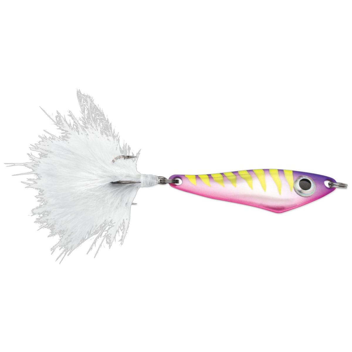 A 1/8 ounce VMC Hatchet Spoon that is purple with yellow stripes.